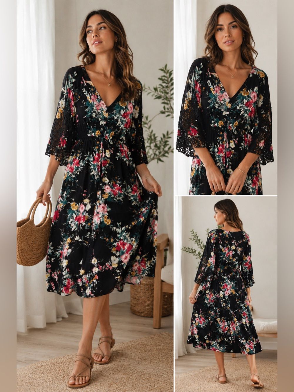 LIFE Black Kimono Floral Duster Long Maxi Jacket Lace Crochet Button Topper Sz M